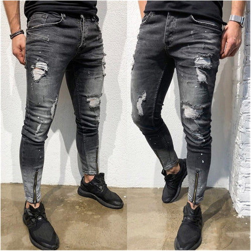 Fashion Streetwear Men Jeans Vintage Blue  Color Thin Destroyed Ripped Jeans Broken Punk Pants Homme Hip Hop Jeans Men