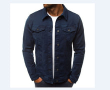 Charger l&#39;image dans la galerie, New Men&#39;s Solid Casual Slim Denim Jacket Coat Long Sleeve Slim Fit Classic Retro Vintage Black Blue Washed