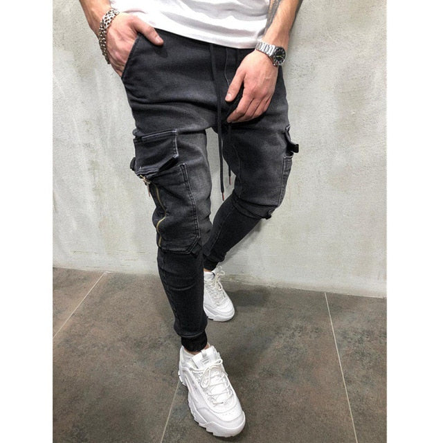 Men Stretchy Multi-pocket Skinny Jeans men pocket zipper pencil Pants  2019 fashion jeans Casual Trousers Hip hop sweatpants