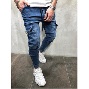 Men Stretchy Multi-pocket Skinny Jeans men pocket zipper pencil Pants  2019 fashion jeans Casual Trousers Hip hop sweatpants