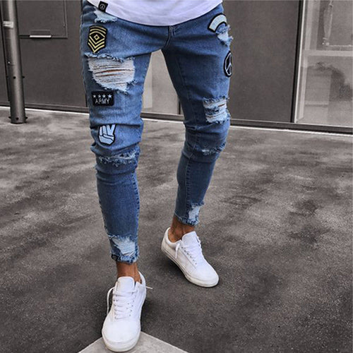 2019 Men's Stretchy Ripped Skinny Biker Jeans Destroyed Slim Fit Denim Pants Mens Elastic Waist Harem Pants Men Jogger S-4XL