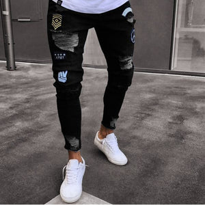 2019 Men's Stretchy Ripped Skinny Biker Jeans Destroyed Slim Fit Denim Pants Mens Elastic Waist Harem Pants Men Jogger S-4XL