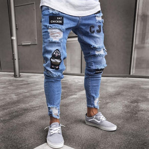 2019 Men's Stretchy Ripped Skinny Biker Jeans Destroyed Slim Fit Denim Pants Mens Elastic Waist Harem Pants Men Jogger S-4XL