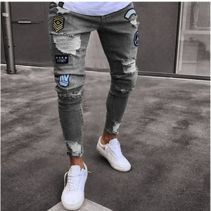 2019 Men's Stretchy Ripped Skinny Biker Jeans Destroyed Slim Fit Denim Pants Mens Elastic Waist Harem Pants Men Jogger S-4XL