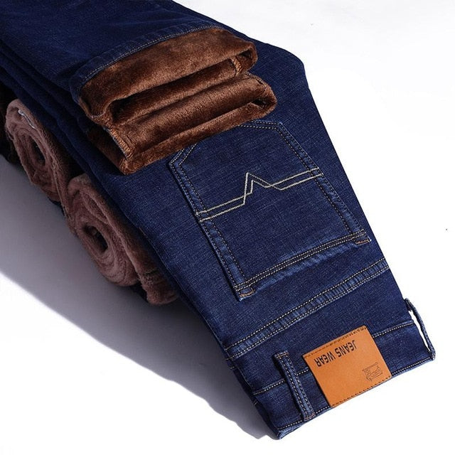 Winter Thermal Warm Flannel Stretch Jeans Mens Winter Quality Famous Brand Fleece Pants Men Straight Flocking Trousers Jean Male