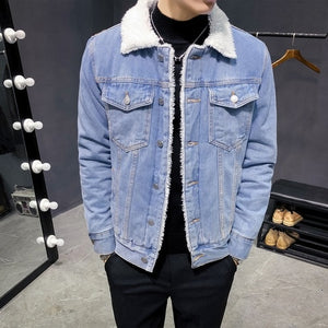 Winter plus velvet denim jacket male lamb hair thick denim jacket jacket warm wool men's denim jacket loose large size 6XL