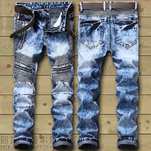 Dropshipping  Biker Jeans Men's Distressed Stretch Ripped Biker Jeans Men Hip Hop Slim Fit Holes Punk Denim Jeans Cotton Pants