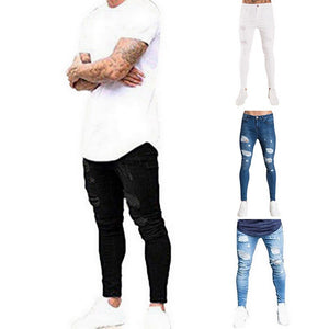 Fashion Autumn Men Hip Hop Pants Mens Denim Ripped Skinny Distressed Jeans Casual Slim Solid Hole Pencil Trouser Male Streetwear