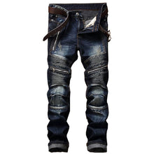 Charger l&#39;image dans la galerie, Straight Washed Multi Zipper pants homme Pleated Biker Jeans Pants 2018 Men&#39;s Slim Fit Brand Designer Denim Trousers For Male