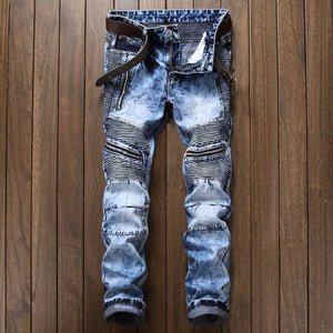 Straight Washed Multi Zipper pants homme Pleated Biker Jeans Pants 2018 Men's Slim Fit Brand Designer Denim Trousers For Male