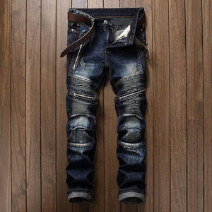 Straight Washed Multi Zipper pants homme Pleated Biker Jeans Pants 2018 Men's Slim Fit Brand Designer Denim Trousers For Male