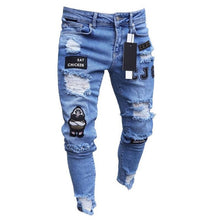 Charger l&#39;image dans la galerie, 3 Styles Men Stretchy Ripped Skinny Biker Embroidery Print Jeans Destroyed Hole Taped Slim Fit Denim Scratched High Quality Jean