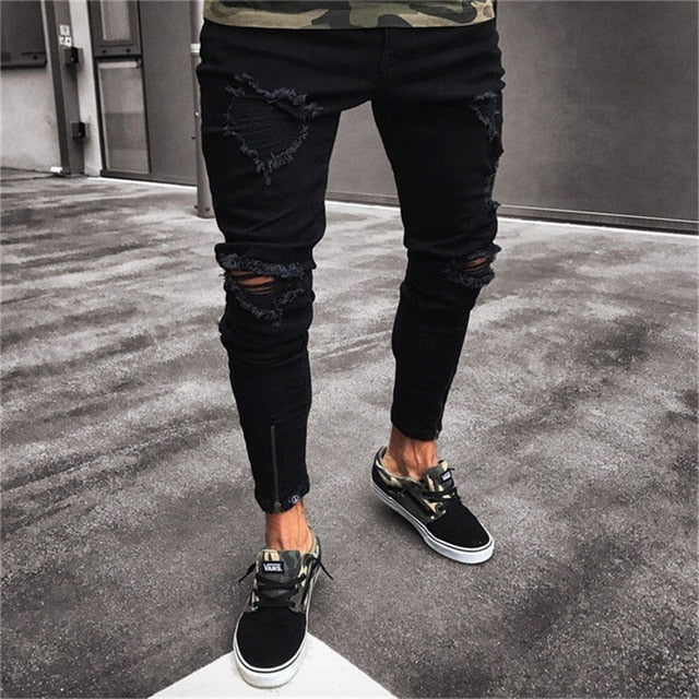 2019 Men Stylish Ripped Jeans Pants Biker Skinny Slim Straight Frayed Denim Trousers Fashion skinny jeans men Clothes