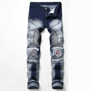 New Brand Mens Snow Designer Fashion Slim Skinny Moto Biker Casual Jeans Straight Motorcycle Jeans Men Destroyed Denim Trousers